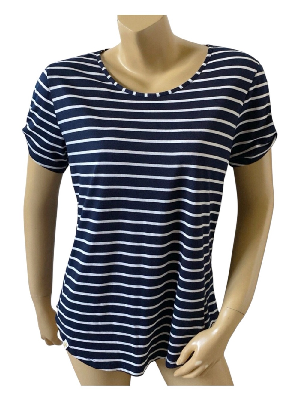 Simply Southern Top Womens Large Navy White Striped Slit Sleeve Shirt Stretch